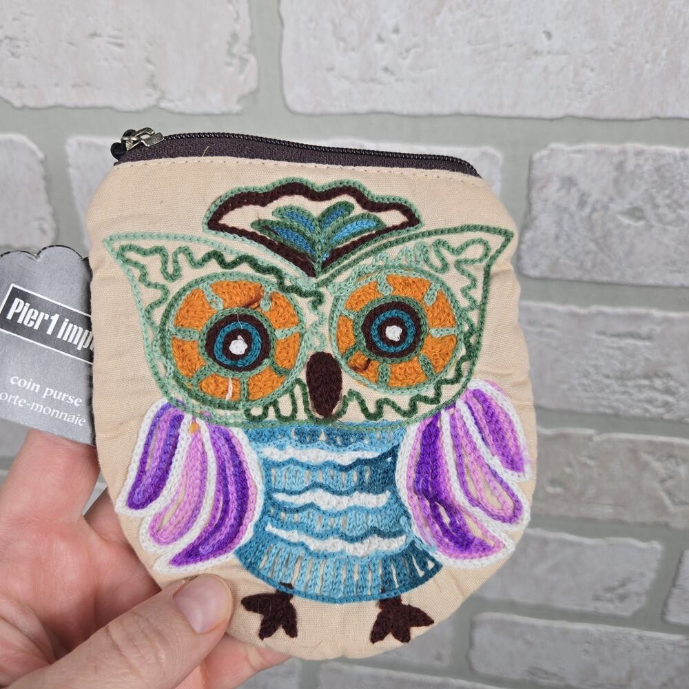 Pier One Small Coind Purse Embroidered Owl Zip - Picture 2 of 5
